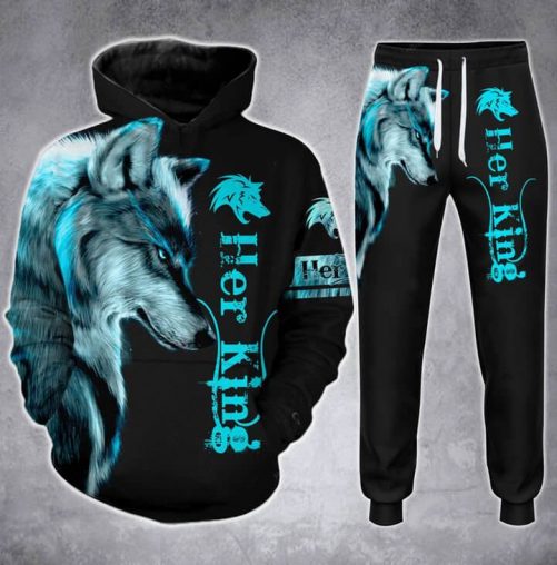 Wolf Her King His Queen Hoodie And Sweatpants Set For Couple LuvinGift