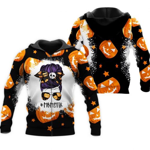 Halloween Pumpkin Momster Mom Bun Hair zip Hoodie MK