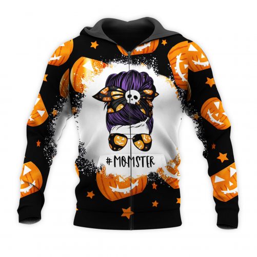 Halloween Pumpkin Momster Mom Bun Hair zip Hoodie MK front
