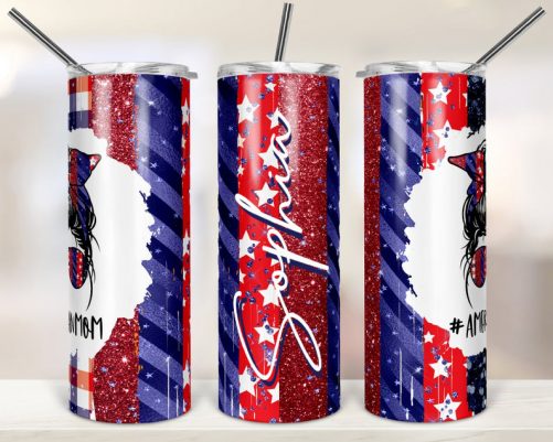 Personalized Skinny Tumbler 4th of July American Mom Life Bun Hair 1
