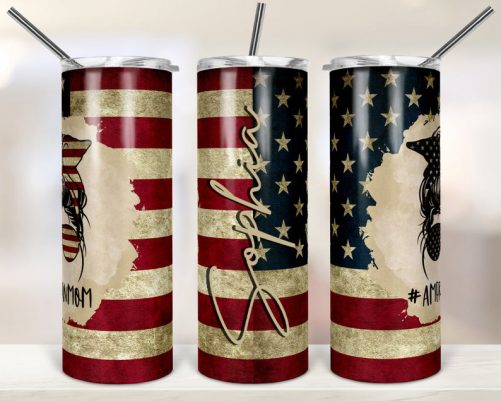 Personalized Skinny Tumbler American Messy Mom Life Bun Hair Vintage 1