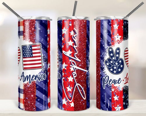 Personalized Skinny Tumbler Peace Love America Glitter 1