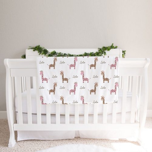 Giraffe Personalized Baby Girl Blanket Pink and Brown 1