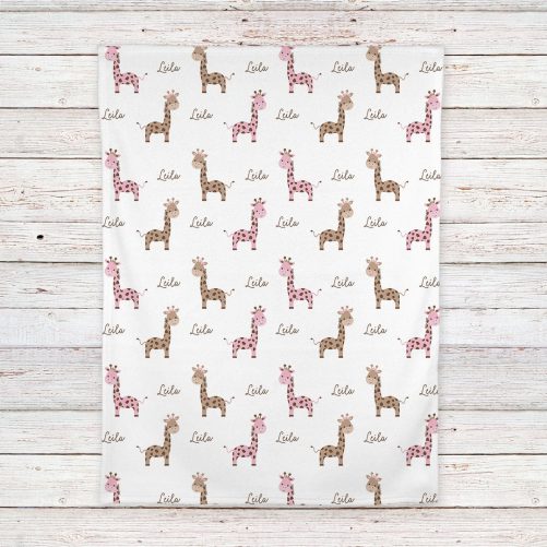 Giraffe Personalized Baby Girl Blanket Pink and Brown 3