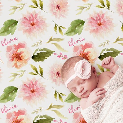 Personalized Baby Girl Name Blanket Floral Pink Dahlia and Rose Print 1