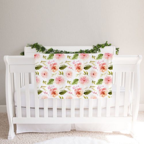 Personalized Baby Girl Name Blanket Floral Pink Dahlia and Rose Print 2