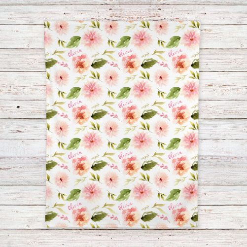 Personalized Baby Girl Name Blanket Floral Pink Dahlia and Rose Print 4