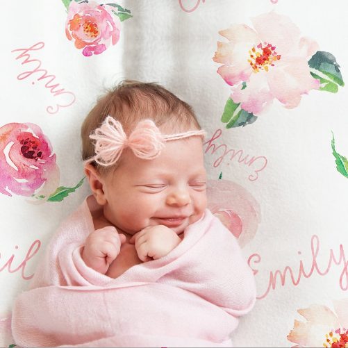 Personalized Baby Girl Name Blanket Floral Watercolor Print Coral 1