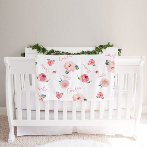Personalized Baby Girl Name Blanket Floral Watercolor Print Coral