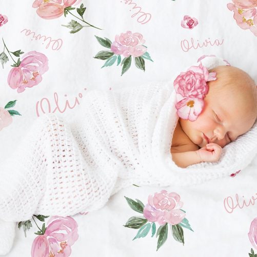Personalized Baby Girl Name Blanket Light coral and pink floral 2