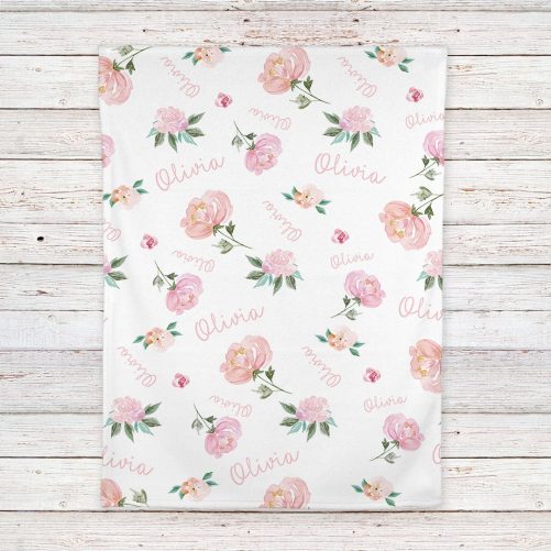 Personalized Baby Girl Name Blanket Light coral and pink floral 4