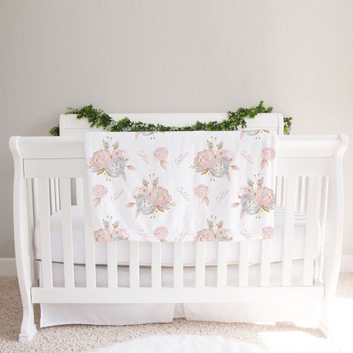 Personalized Baby Girl Name Blanket Pink and Gray Floral 3