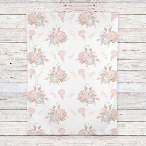 Personalized Baby Girl Name Blanket Pink and Gray Floral 5