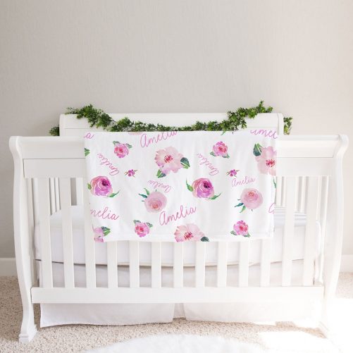 Personalized Baby Girl Name Blanket Pink floral watercolor print 1