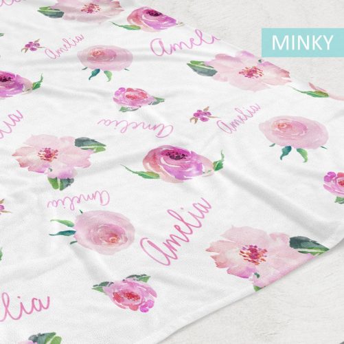 Personalized Baby Girl Name Blanket Pink floral watercolor print 2
