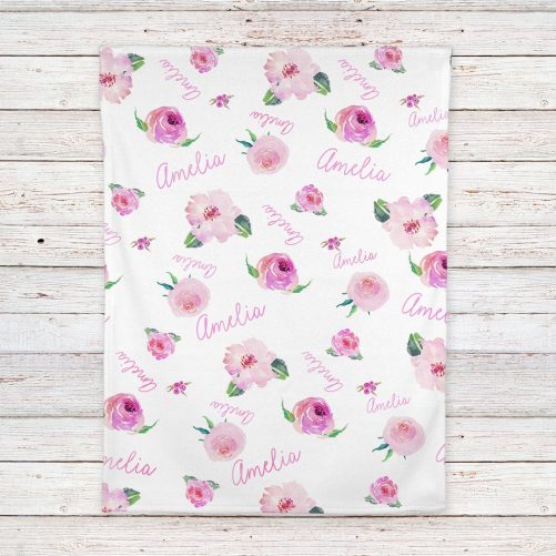 Personalized Baby Girl Name Blanket Pink floral watercolor print 3
