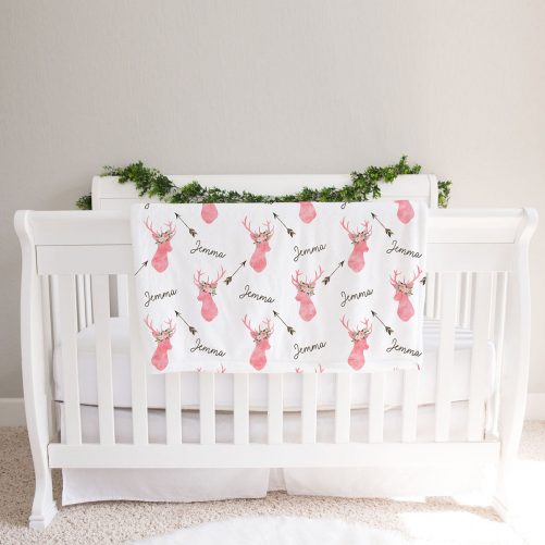 Personalized Coral Deer Baby Girl Blanket Woodland nursery décor 1