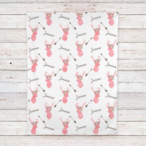 Personalized Coral Deer Baby Girl Blanket Woodland nursery décor 3