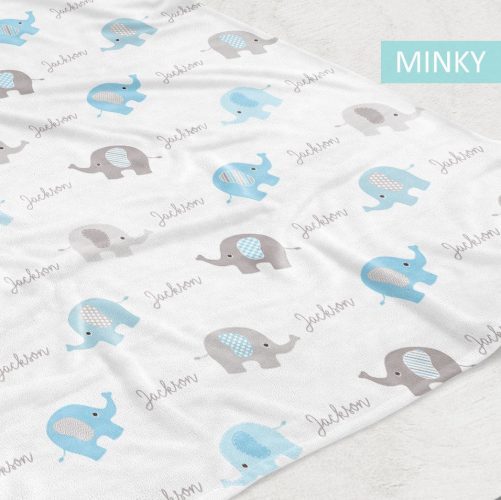 Personalized Elephant Fleece Baby Blanket Blue and Gray boys print 1