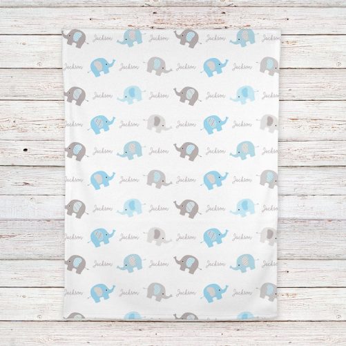 Personalized Elephant Fleece Baby Blanket Blue and Gray boys print 2