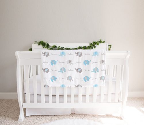 Personalized Elephant Fleece Baby Blanket Blue and Gray boys print 3