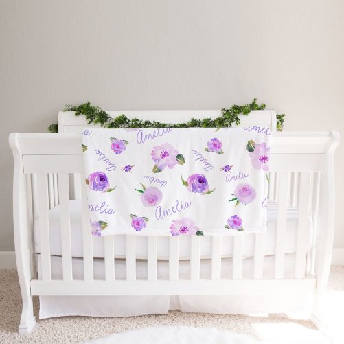 Personalized Floral Baby Girl Name Blanket Purple watercolor print 1