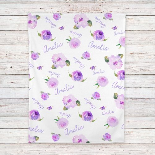 Personalized Floral Baby Girl Name Blanket Purple watercolor print 2