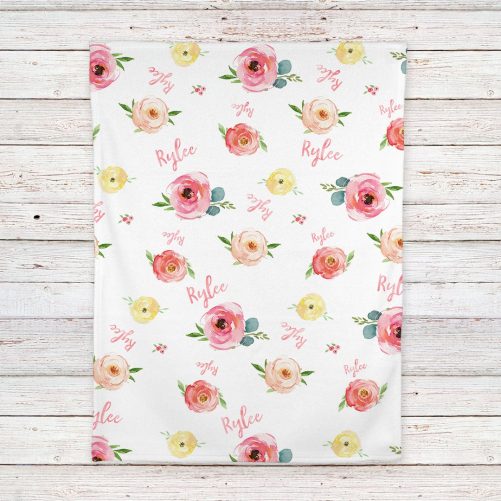 Personalized Rose and Peony Floral Baby Girl Name Blanket 4