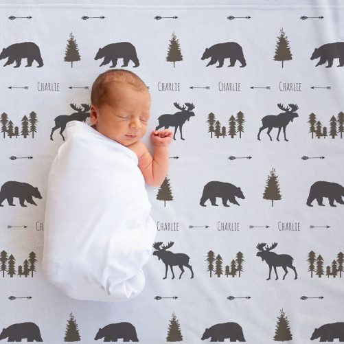 Personalized Woodland Animal Moose and Bear Baby Name Blanket 1