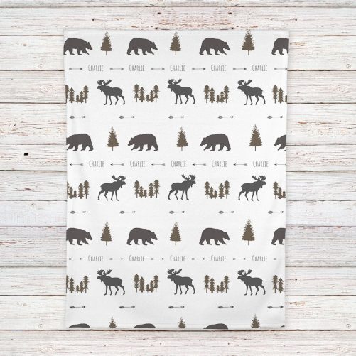 Personalized Woodland Animal Moose and Bear Baby Name Blanket 3
