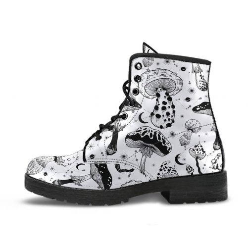 Black white Mushrooms Custom Leather Boots 1