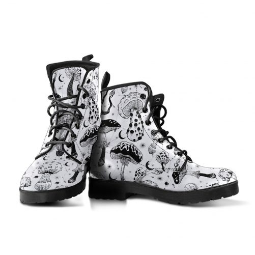 Black white Mushrooms Custom Leather Boots 2