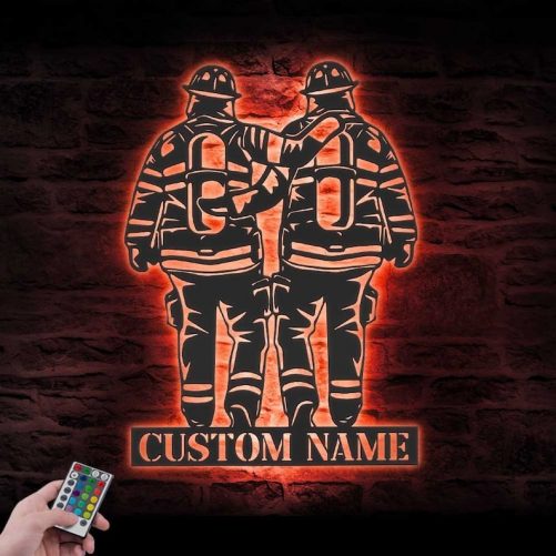 Custom Father Son Firefighter Metal Wall Art LED Light 1