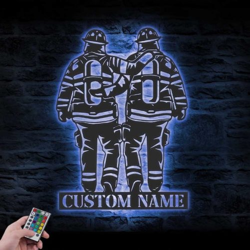 Custom Father Son Firefighter Metal Wall Art LED Light 2
