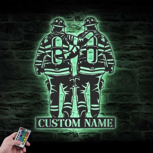 Custom Father Son Firefighter Metal Wall Art LED Light 3