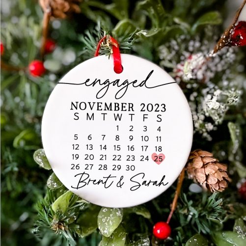 Engagement Day Keepsake Ornament Engagement Announcement Personalized Calendar with Names Engaged Couple Ceramic Ornament