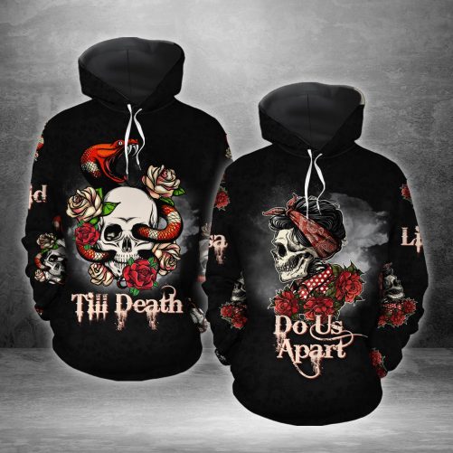Till Death Do Us Apart Skull Roses Couple Custom Name All Over Print Couple Matching Hoodie Sweatpants 1