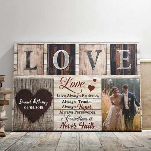 Christian Wedding Gift Couple Gift Personalized Wall Art Canvas Prints Custom Photo Love Never Fails