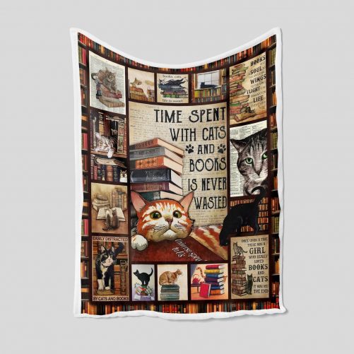 Time Spent With Cats Blanket Cat And Books Is Never Wasted Blanket Book Blanket Family Blanket Blanket For Gift 1