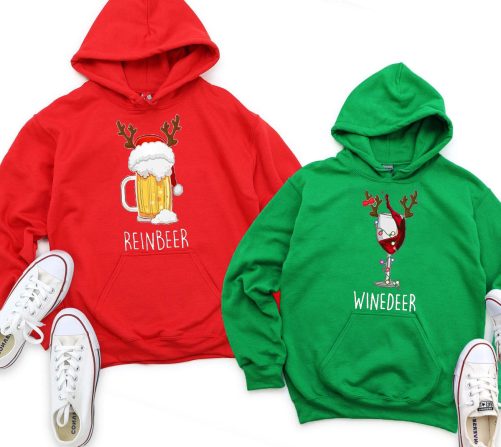 Christmas Couple Hoodie Reinbeer And Winedeer Christmas Gift For Couple