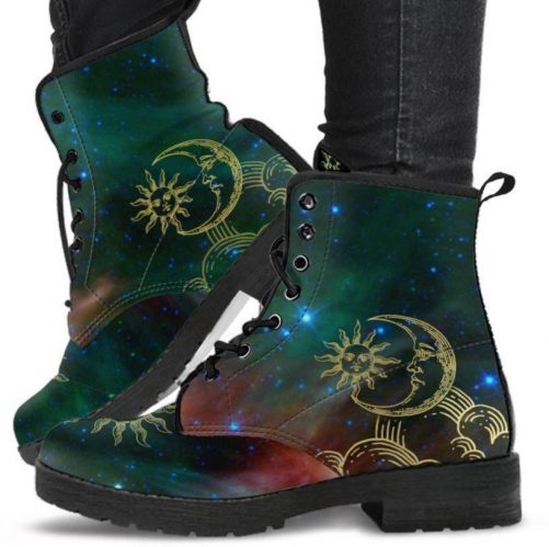 Green Nebula Sun and Moon Womens Combat boots Festival Combat Vintage Hippie Lace up Boots