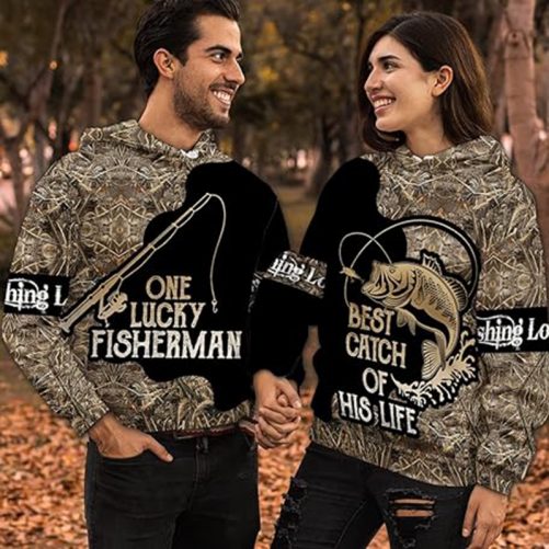 Matching Fishing Couple 3D All Over Hoodie One Lucky Fisherman Best Catch Of His Life