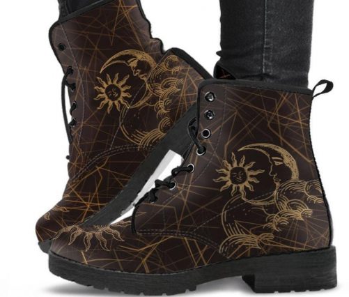 Mocka Brown Sun and Moon Angles Womens Combat boots Combat Vintage Hippie Lace up Boots