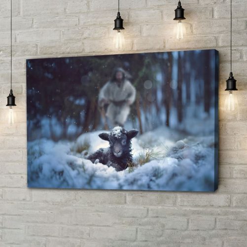 Jesus Rescues Lamb in a Snowy Forest Wall Art Canvas