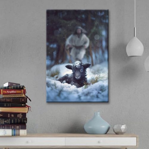 Jesus Running to Rescue a Lost Sheep in a Snowy Forest Canvas