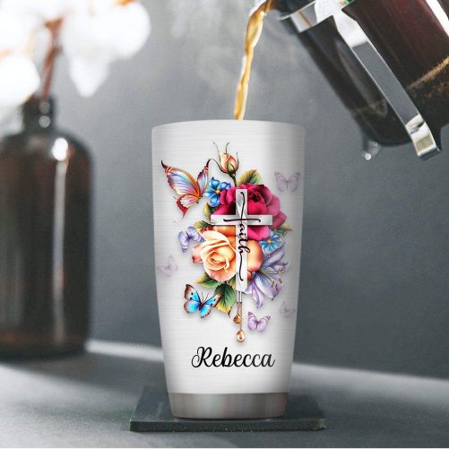 Personalized Floral Cross Stainless Steel Tumbler 1