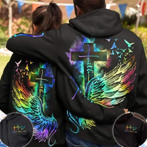 Faith Cross Wings Colorful Couple Hoodie 3D 1