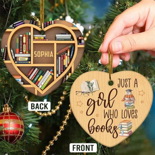 Personalized Ceramic Girl Loves Books Ornament Custom Name Book Lovers Christmas Ornament Heart Shape