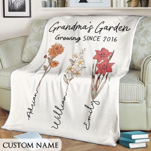 Custom Birth Flower Blanket With Grandkids Names