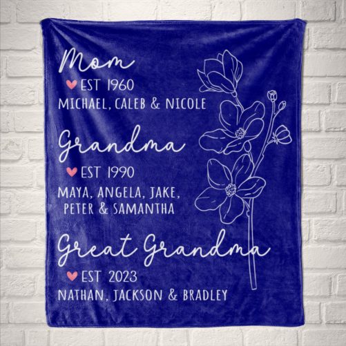 Great Grandma Blanket with Grandkid Names Grandparent Gift Grandmother Custom Throw Blanket Mother in law Mothers Day Christmas Birthday blue